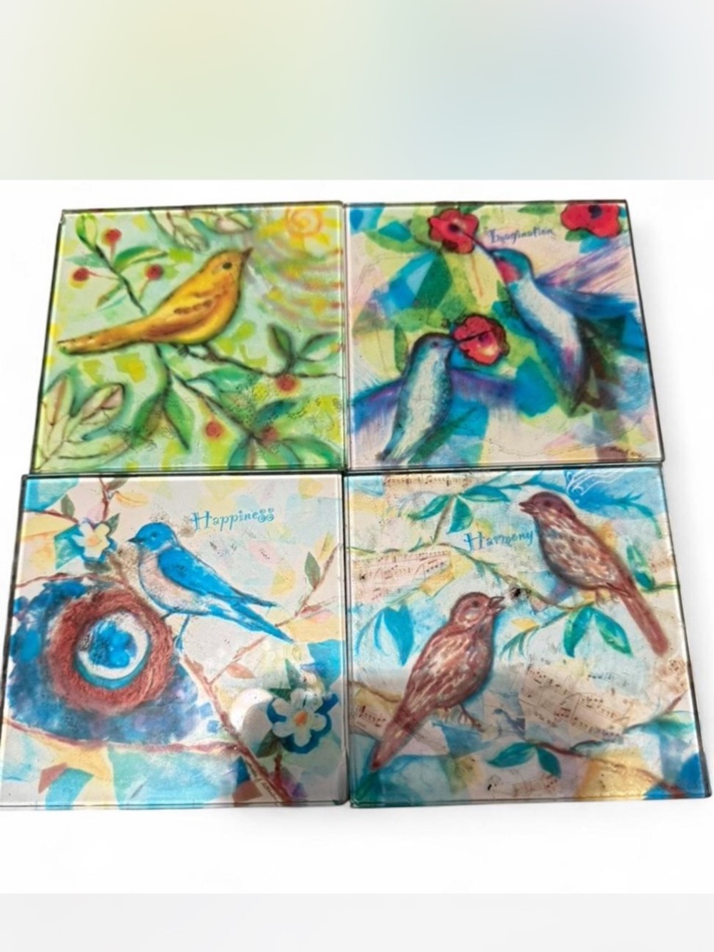 Decorative Bird Glass Coaster Set - Multicolor